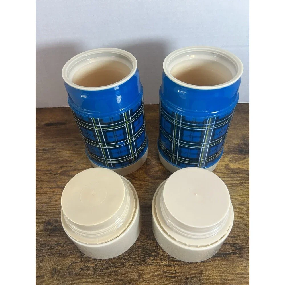 Vintage Aladdin Best Buy Blue Plaid Pint Wide Mouth Thermos Bottle USA Lot of 2